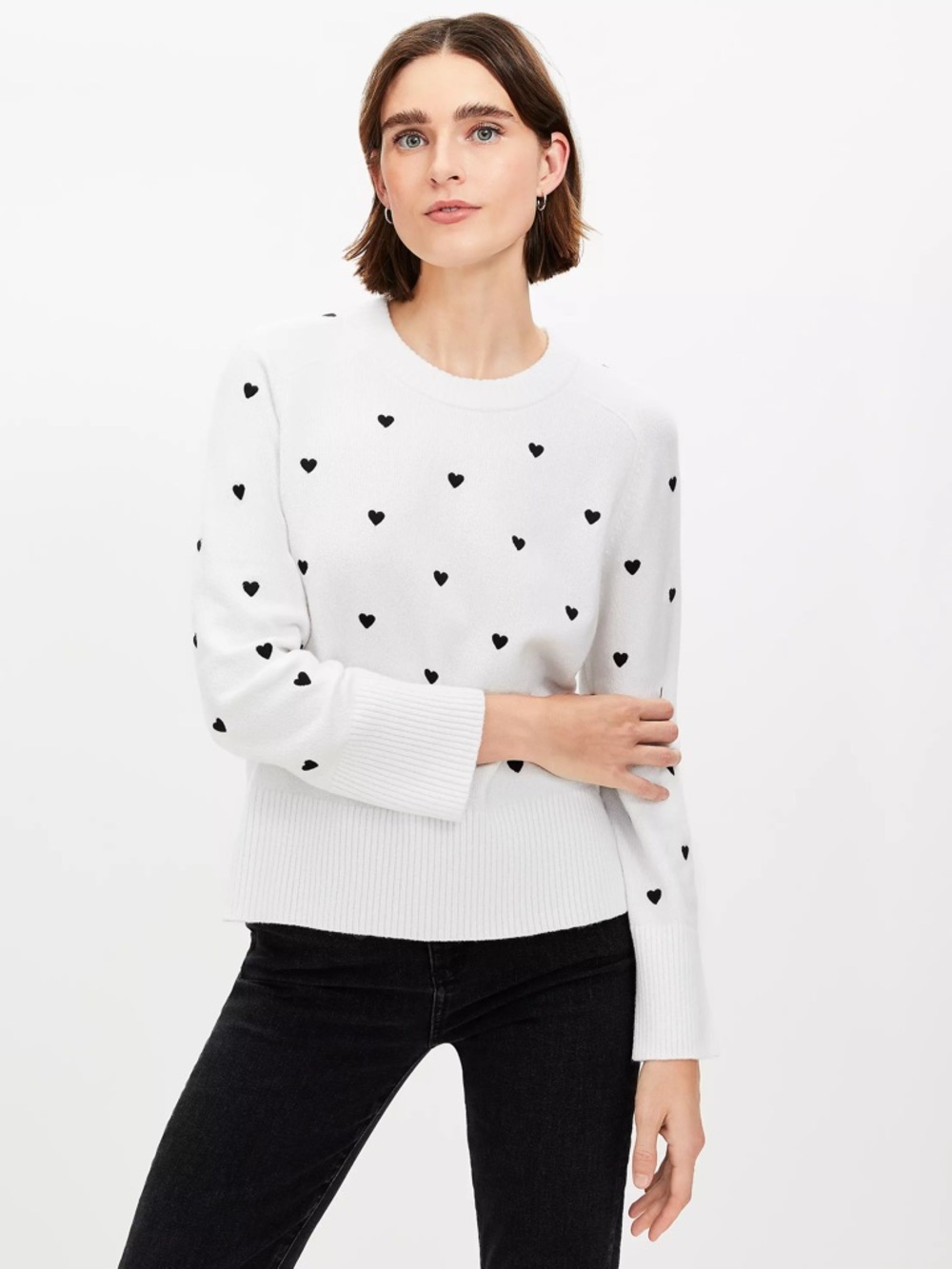 LOFT White Crewneck Sweater with Black Heart Pattern